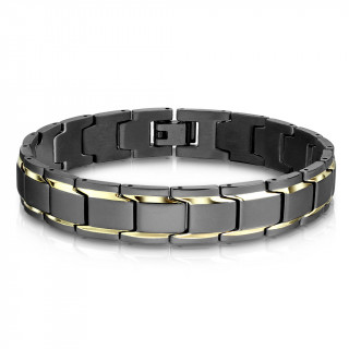 Bracelet homme acier � mailles chenille noires avec liser� dor�