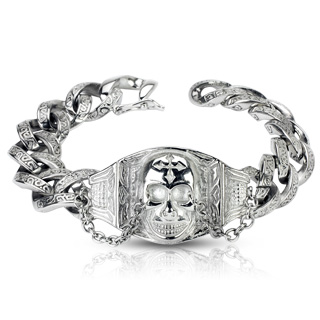 Bracelet homme en acier � mailles grav�es et crane � croix