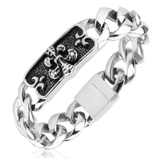 Bracelet homme en acier � plaque noire grav�e et fleur de lys