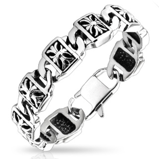 Bracelet homme en acier � plaquettes avec croix en relief
