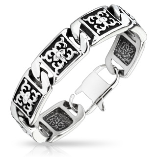 Bracelet homme en acier � plaquettes grav�es et vieillies