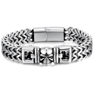 Bracelet homme acier � cr�ne et double-rang�e de maillons en V