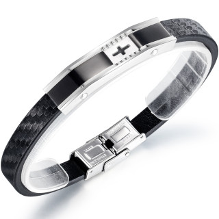 Bracelet homme aspect tiss� � plaque d'acier avec petite croix
