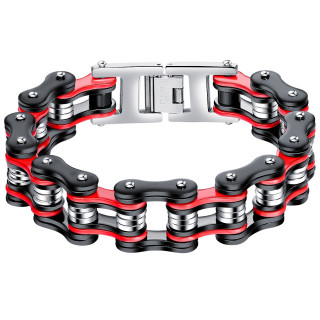 Bracelet homme chaine m�canique large en acier rouge, noir et gris