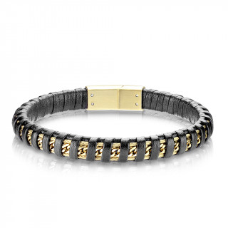 Bracelet homme cuir noir � chaine et filins dor�s