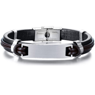 Bracelet homme cuir noir et marron � plaque acier inox