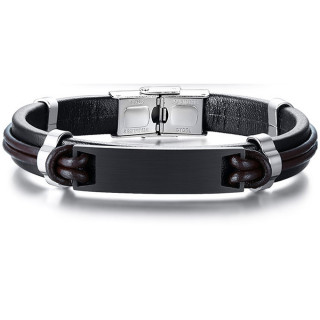Bracelet homme cuir noir et marron � plaque acier noire