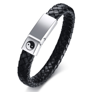 Bracelet homme cuir tress� noir � plaque d'acier Yin et Yang