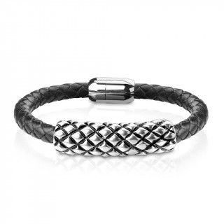 Bracelet homme � cylindre Inox gauffr� et tresse similicuir
