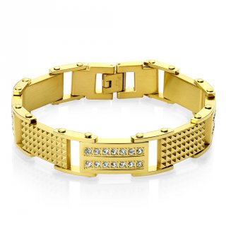 Bracelet homme dor� en acier � plaques pyramides et pierres claires