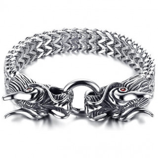 Bracelet homme double dragon oriental en acier � yeux rouges