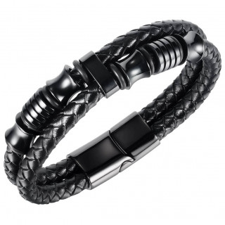 Bracelet homme double tresse cercl� de bagues noires en acier style m�canique
