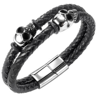 Bracelet homme double tresse similicuir � cranes d'acier