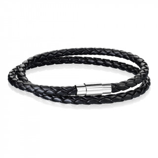 Bracelet homme double tresse similicuir cuir noire � attache m�tal