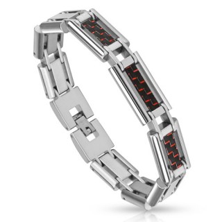 Bracelet homme en acier � bords cylindriques et fibre de carbone noire et rouge