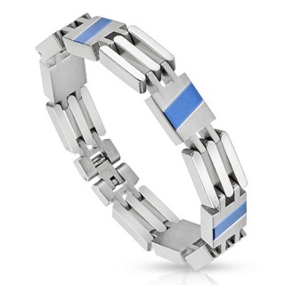 Bracelet homme en acier � mailles carr�es avec diagonales bleues