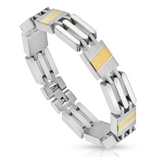 Bracelet homme en acier � mailles carr�es avec diagonales dor�es