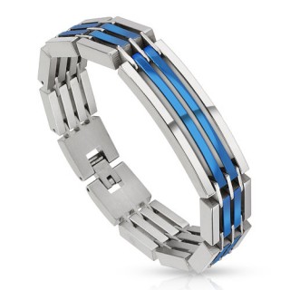 Bracelet homme en acier � segments argent�s et bleus