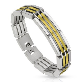 Bracelet homme en acier � segments argent�s et dor�s