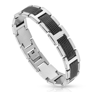 Bracelet homme en acier argent� avec plaques noires rainur�es