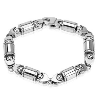 Bracelet homme en acier avec cylindres rainur�s et billes