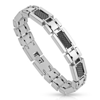 Bracelet homme en acier style rails de train avec fibre de carbone noire