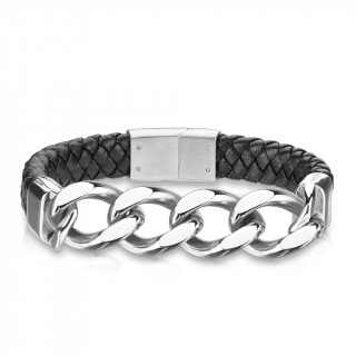Bracelet homme en cuir noir tress� et maillons d'aciers crois�s