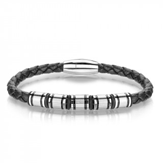 Bracelet homme en cuir tress� � cylindres inox
