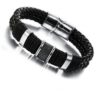 Bracelet homme en cuir tress� cercl� de bagues en acier
