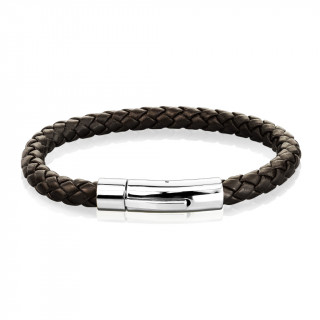 Bracelet homme en cuir tress� marron � attache cylindrique m�tal