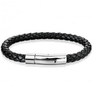 Bracelet homme en cuir tress� noir � attache cylindrique m�tal