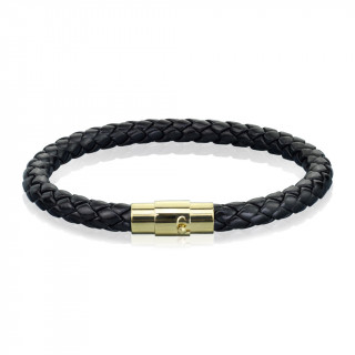 Bracelet homme en cuir tress� noir � attache dor�e