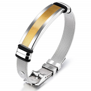 Bracelet homme en mailles d'acier avec bande dor�e � croisillons