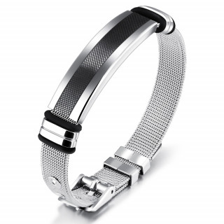 Bracelet homme en mailles d'acier avec bande noire � croisillons