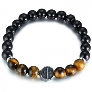 Bracelet homme en perles noires et Oeil de Tigre � croix