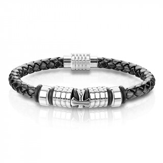 Bracelet homme en similicuir tress� � croix et anneaux inox