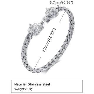 Bracelet homme jonc tress� style viking � t�tes de loups en acier