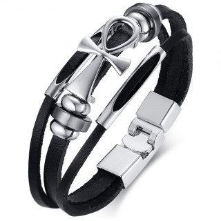 Bracelet homme � lani�res de cuir et croix �gyptienne Ankh