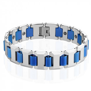 Bracelet homme magn�tique en tungst�ne � maillons en "T" et jonctions bleues