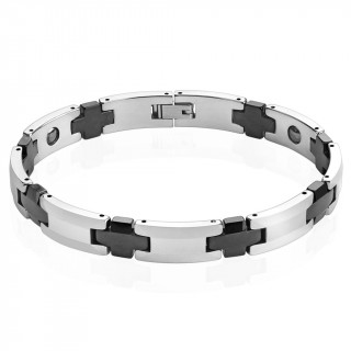 Bracelet homme magn�tique en tungst�ne noir et argent� � maillons en "H" et croix