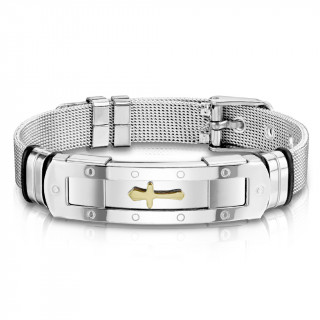 Bracelet homme maille d'acier et plaque � croix dor�e