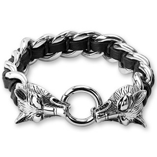Bracelet homme � maillons de cuir et d'acier avec t�tes de loups