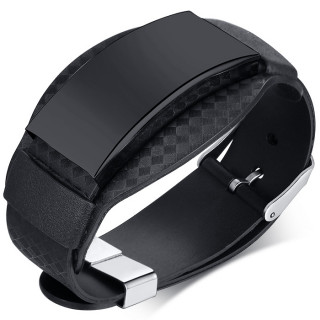 Bracelet homme noir � ruban damier et large plaque d'acier