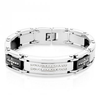 Bracelet homme noir et argent� en acier � bandes et croix de pierres