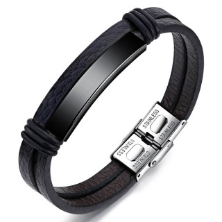 Bracelet homme noir similicuir � plaque d�centr�e en acier