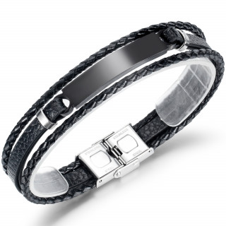 Bracelet homme noir tress� � plaque d'acier