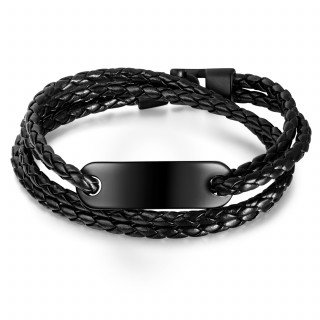 Bracelet homme noir tresse similicuir � plaque