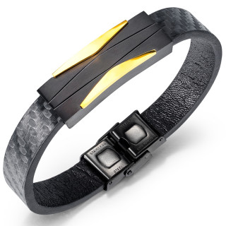 Bracelet homme � plaque d'acier style futuriste noire et dor�e