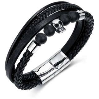 Bracelet homme rock similicuir � T�te de mort et perles noires