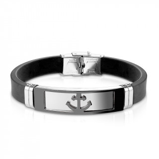 Bracelet homme silicone avec plaque acier � ancre marine noire